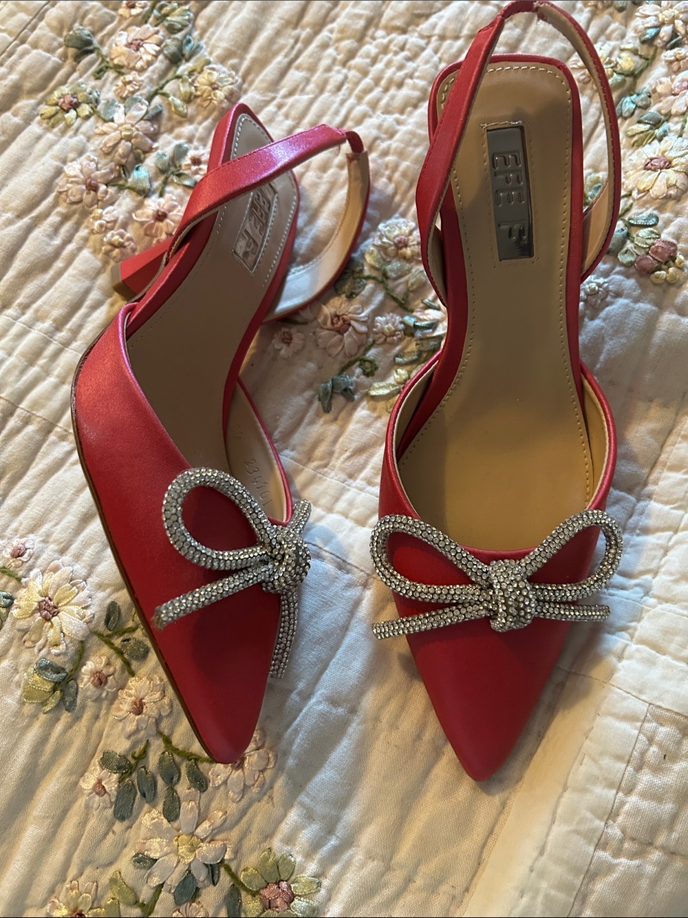 Pink Satin Pointed Slingback Heels with Crystal Bow Accent 7.5. By: EFE F